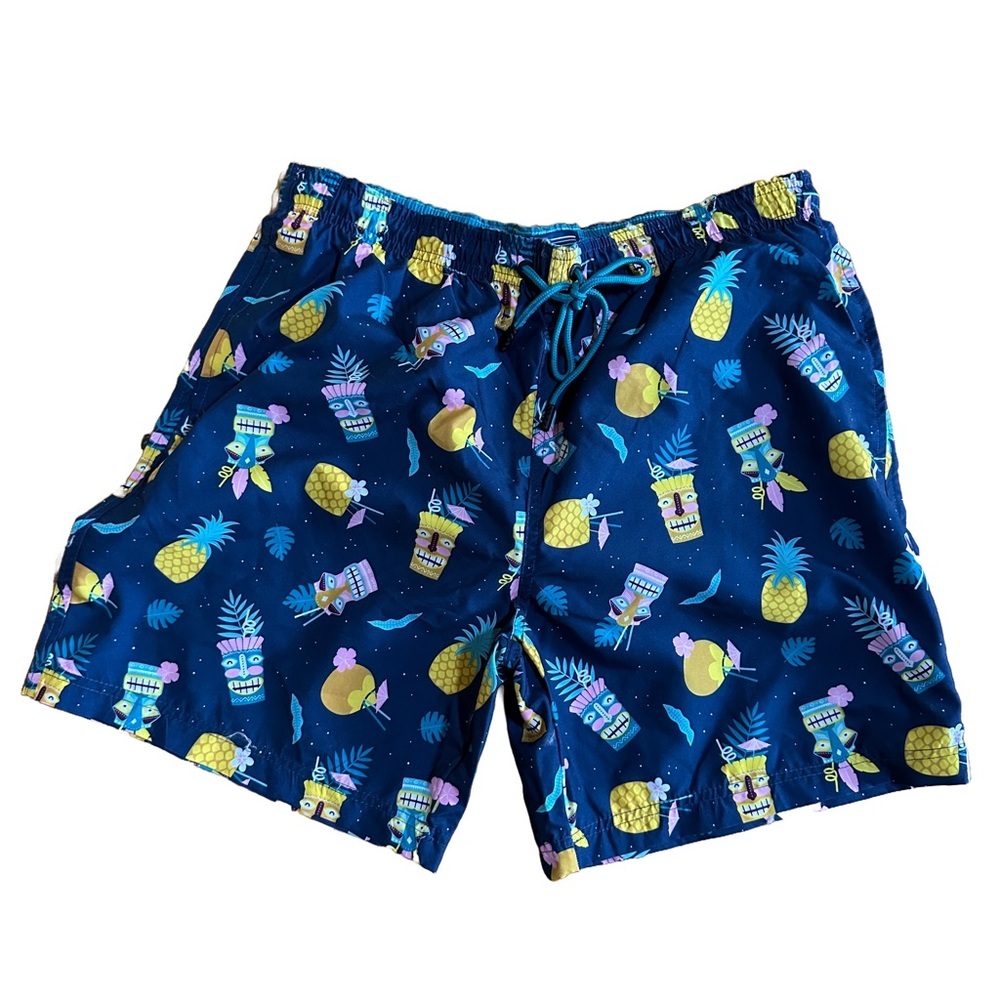 NWT Broken Threads Swim Trunks in Navy with Tiki and Pineapple Print, Size M